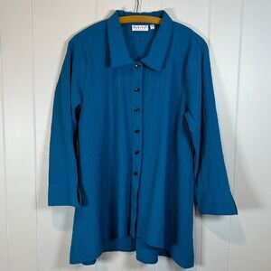 Teal Habitat Lagenlook Button Up Tunic w/ Rectangle Buttons sz M Artsy Coastal